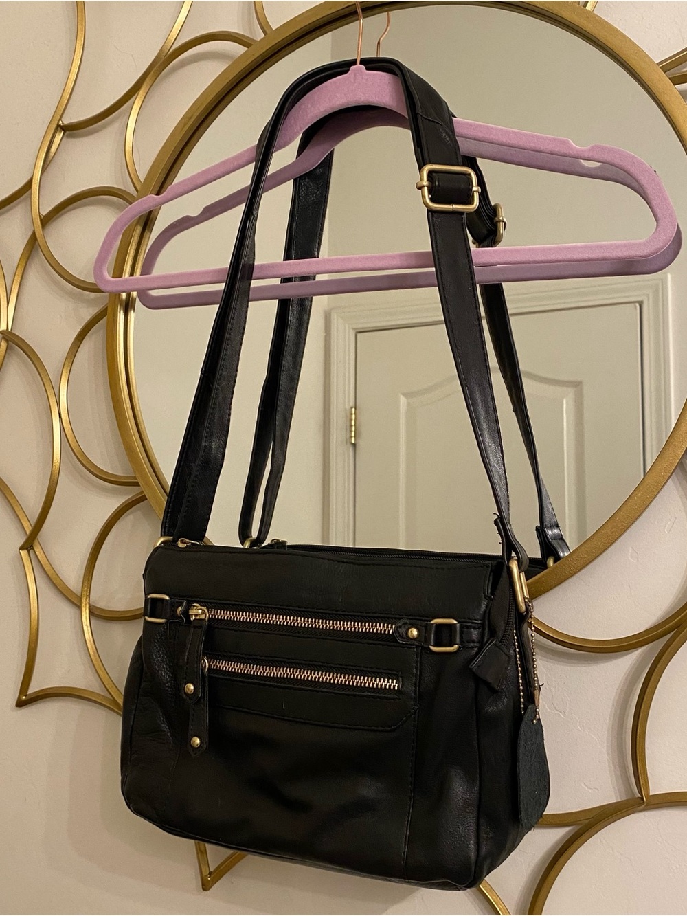 Great American Leatherworks Black Genuine Leather Crossbody Bag Multi Pocket Zip
